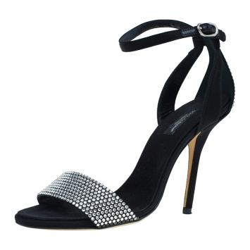 Pre Owned Dolce and Gabbana Black Embellished Satin Ankle Strap Sandals Size 37