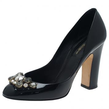 Pre Owned Dolce and Gabbana Black Patent Crystal Embellished Pumps Size 38