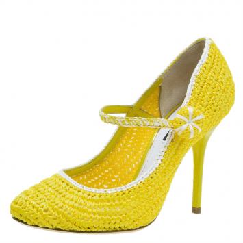 Pre Owned Dolce and Gabbana Yellow Raffia Mary Jane Pumps Size 37