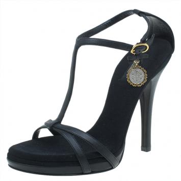 Pre Owned Dolce and Gabbana Black Leather and Suede Heritage Coin Detail Sandals Size 39