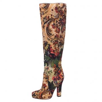 Pre Owned Dolce and Gabbana Multicolor Brocade Over the Knee Boots Size 36