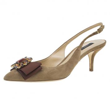 Pre Owned Dolce and Gabbana Brown Suede Bow Embellished Slingback Sandals Size 39