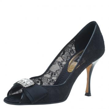 Pre Owned Dolce and Gabbana Black Lace Crystal Embellished Peep Toe Pumps Size 36.5