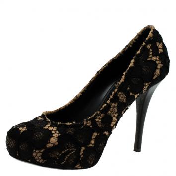 Pre Owned  Dolce and Gabbana Black Lace and Woven Hemp Pumps Size 40