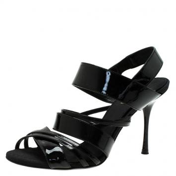 Pre Owned Dolce and Gabbana Black Patent Criss Cross Strappy Sandals Size 38