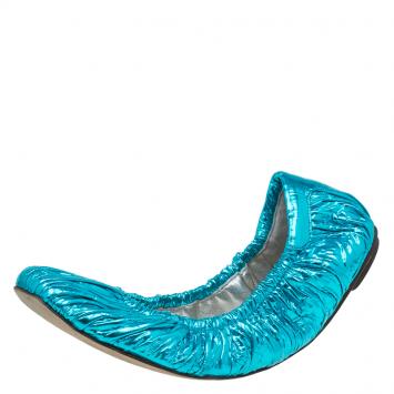 Pre Owned Dolce and Gabbana Metallic Blue Scrunch Ballet Flats Size 40