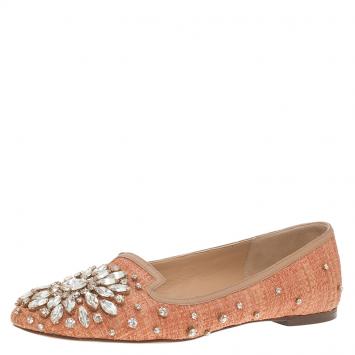 Pre Owned Dolce and Gabbana Pink Raffia and Leather Crystal Embellished Smoking Slippers Size 38