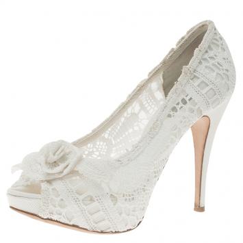 Pre Owned Dolce and Gabbana White Rose Detail Lace Peep Toe Pumps Size 37.5