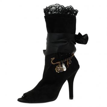 Pre Owned Dolce and Gabbana Black Suede Charm Tie Around Peep Toe Ankle Boots Size 36