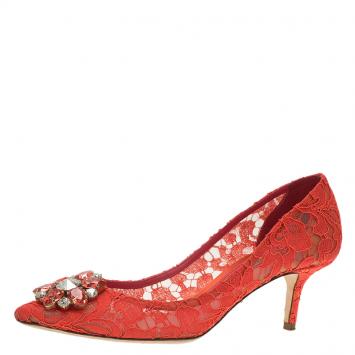 Pre Owned Dolce and Gabbana Coral Taormina Lace Crystal Embellished Pumps Size 38.5