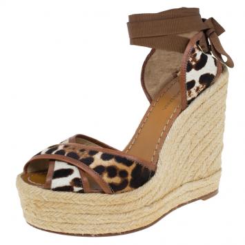 Pre Owned Dolce and Gabbana Leopard Pony Hair and Leather Ankle Wrap Espadrille Wedges Size 38