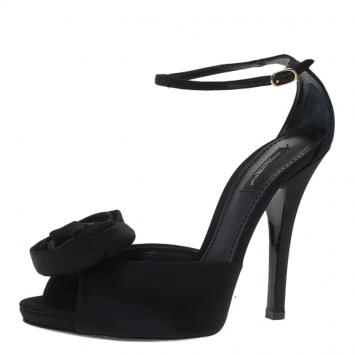 Pre Owned Dolce and Gabbana Black Satin Rose Ankle Strap Sandals Size 39