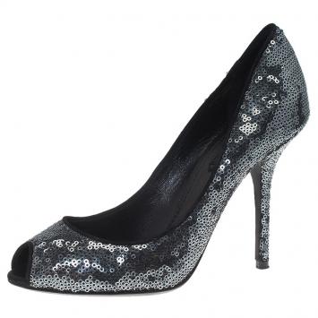 Pre Owned Dolce and Gabbana Silver Sequins Peep Toe Pumps Size 38