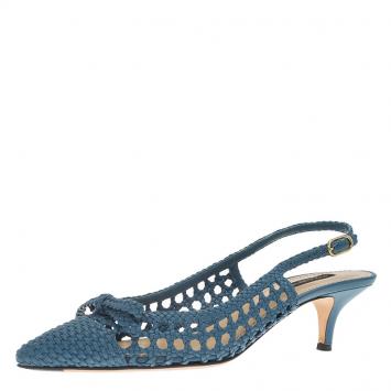 Pre Owned Dolce and Gabbana Blue Woven Leather Bellucci Slingback Sandals Size 38.5