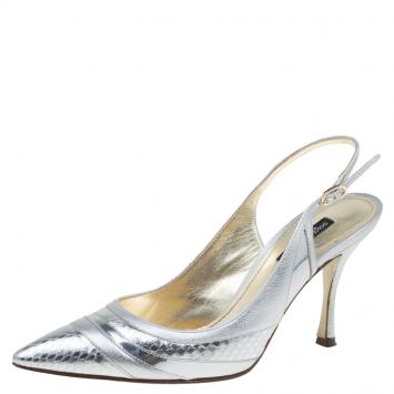 Pre Owned Dolce and Gabbana Silver Pyhton and Leather Pointed Toe Slingback Sandals Size 36.5