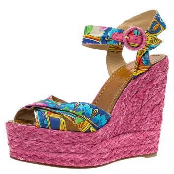 Pre Owned Dolce and Gabbana Pink Canvas Floral Print Raffia Wedges Size 39