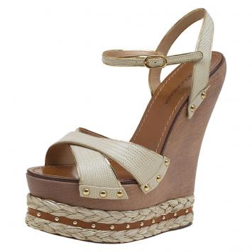 Pre Owned Dolce and Gabbana Beige and Brown Snake Embossed Leather Ankle Strap Wedge Sandals Size 39