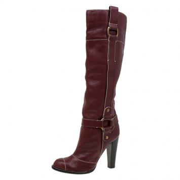 Pre Owned Dolce and Gabbana Burgundy Leather Riding Knee Boots Size 38.5