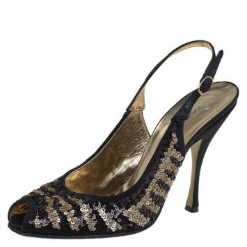 Pre Owned Dolce and Gabbana Black Satin Sequins Embellished Slingback Sandals Size 37.5