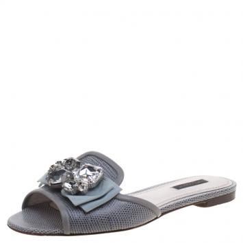 Pre Owned Dolce and Gabbana Grey Leather Sofia Embellished Slides Size 37.5