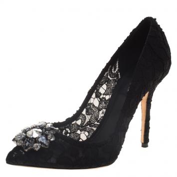 Pre Owned Dolce and Gabbana Black Crystal Embellished Lace Belluci Pumps Size 39
