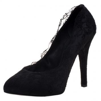 Pre Owned Dolce and Gabbana Black Satin And Lace Pumps Size 40