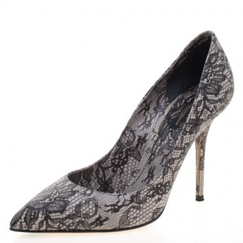 Pre Owned Dolce and Gabbana Black Chantilly Lace Printed Leather Pointed Toe Pumps Size 40