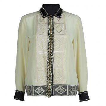 Pre Owned Dries Van Noten Cream Silk Embroidered Embellished Long Sleeve Shirt M