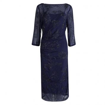 Pre Owned Dries Van Noten Navy Blue Embellished Draped Dress M