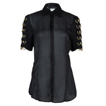 Pre Owned Dsquared2 Black Silk Gold D-Ring Embellishment Detail Sheer Blouse M