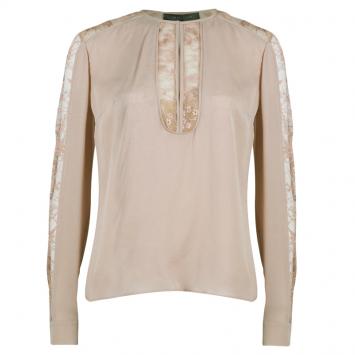 Pre Owned Elie Saab Nude Silk Lace-Detail Full Sleeve Top M