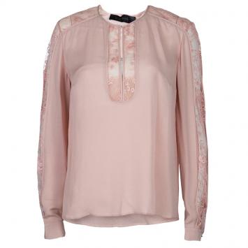 Pre Owned Elie Saab Blush Pink Lace Detail Long Sleeve Silk Blouse M
