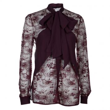 Pre Owned Elie Saab Burgundy Lace Neck Tie Detail Long Sleeve Blouse M