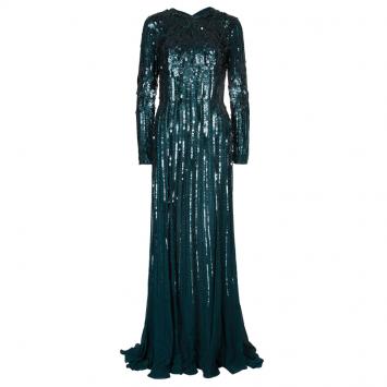 Pre Owned Elie Saab Deep Green All Over Sequin Embellished Long Sleeve Gown M