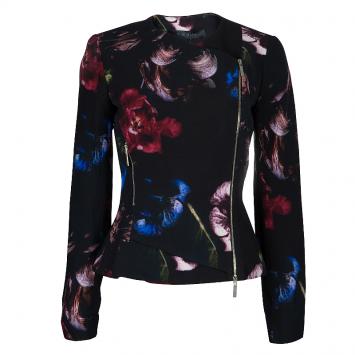 Pre Owned Elie Saab Black Floral Print Zip Detail Jacket S