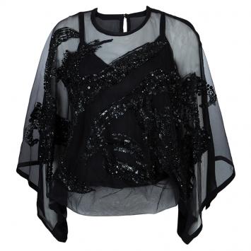 Pre Owned Elie Saab Black Mesh Overlay Sequin Embellished Top S