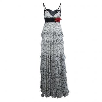 Pre Owned Elie Saab White Lace Detail Polka Dotted Tiered Sleeveless Gown M