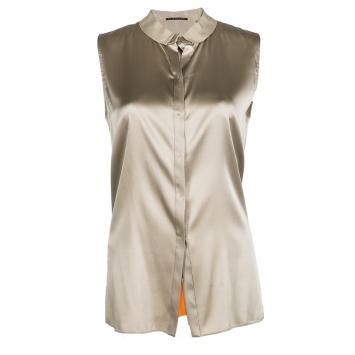 Pre Owned Elie Tahari Beige Silk Contrast Bottom Detail Sleeveless Blouse M