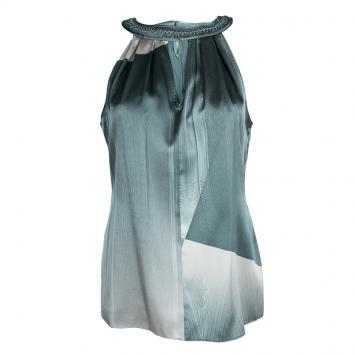 Pre Owned Elie Tahari Blue Printed Silk Braided Leather Neck Trim Sleeveless Blouse S