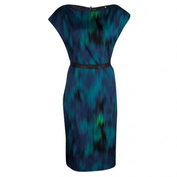 Pre Owned Elie Tahari Blue and Green Printed Silk Contrast Trim Detail Dress M