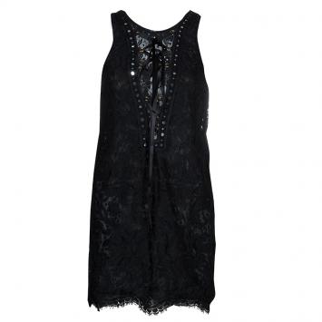 Pre Owned Emilio Pucci Black Lace Mirrorwork Tie-Up Detail Sleeveless Dress S
