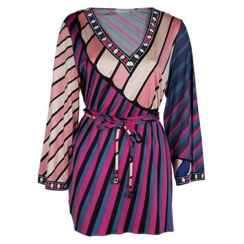 Pre Owned Emilio Pucci Multicolor Printed Knit Long Sleeve Belted Top L