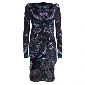 Pre Owned Emilio Pucci Purple Printed Knit Ruched Fringe Detail Dress M