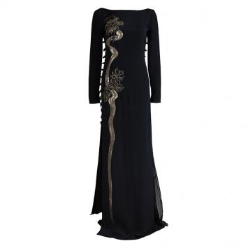 Pre Owned Emilio Pucci Black Silk Beaded Long Sleeve Maxi Dress S