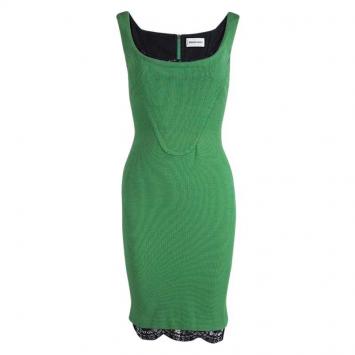 Pre Owned Emilio Pucci Green Knit Scalloped Lace Trim Sleeveless Bodycon Dress S