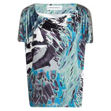 Pre Owned Emilio Pucci Multicolor Printed Silk Embellished Short Sleeve Top M
