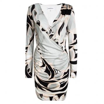 Pre Owned Emilio Pucci Multicolor Printed Silk Long Sleeve Draped Dress M