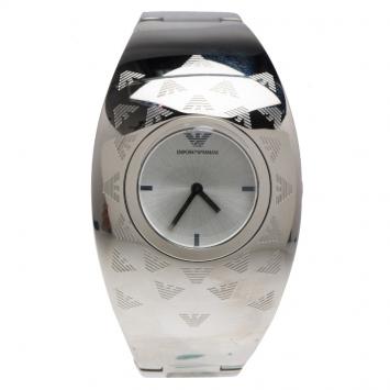 Pre Owned Emporio Armani Silver Etched Logo Stainless Steel AR-5785 Women's Cuff Bracelet Wristwatch 35MM