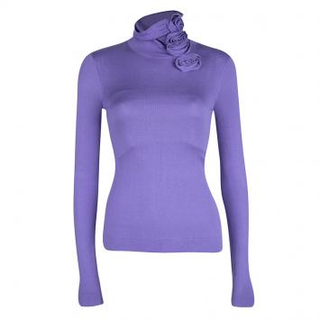 Pre Owned Emporio Armani Purple Knit Floral Applique Turtleneck Detail Long Sleeve Top S