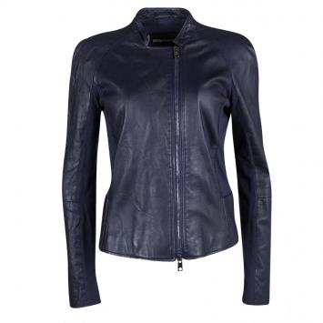 Pre Owned Emporio Armani Navy Blue Lamb Leather Knit Panel Detail Jacket M